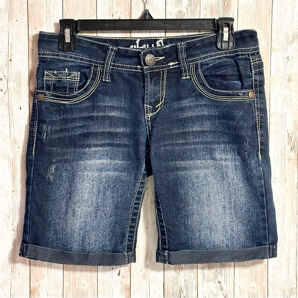 Wallflower Juniors Size 3 Cuffed Distressed  Embroidered Mid Rise Jean Shorts